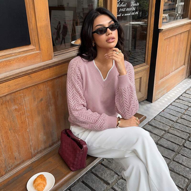Solid Knit Sweater V Neck Pointelle Sleeve Slim Fit