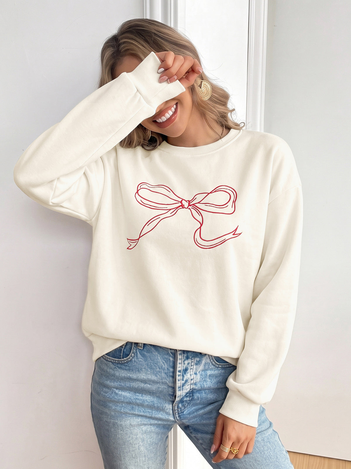 Women's Cute Bow Oversized Crewneck Sweatshirt