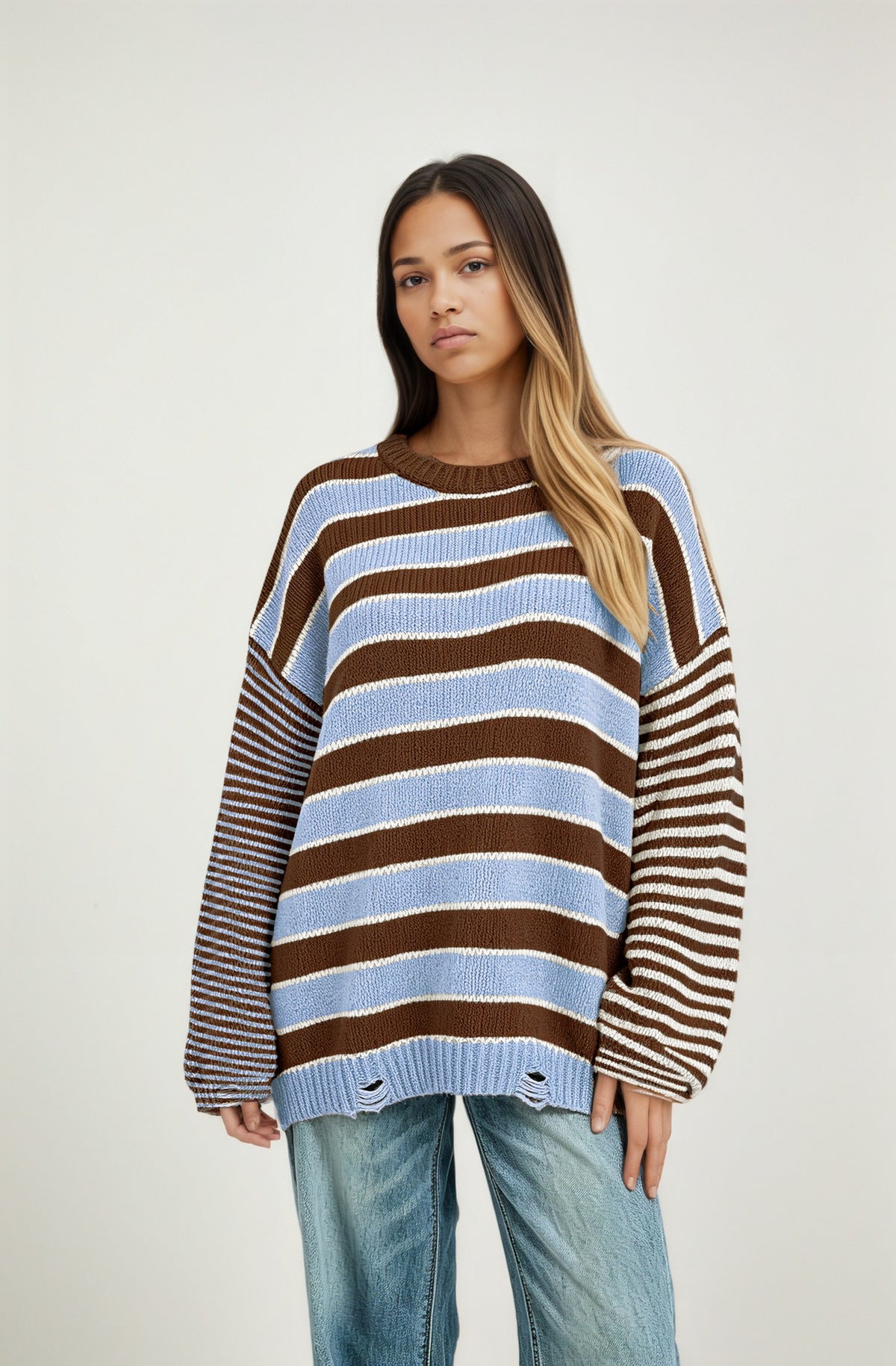 Oversized Striped Crew Neck Chunky Knit Sweater