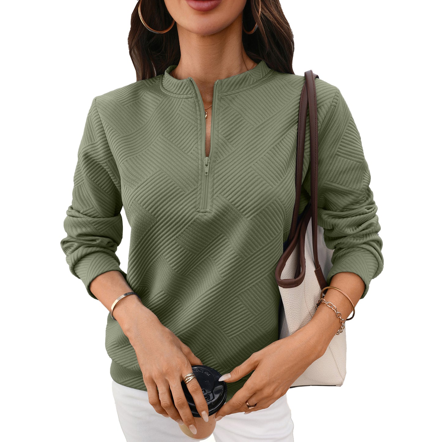Solid Textured Knit Pullover Quarter Zip Long Sleeve Top