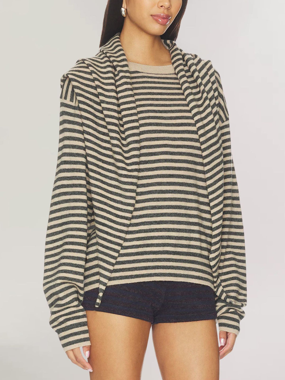 Women's Oversized Striped Sweater with Scarf Detail