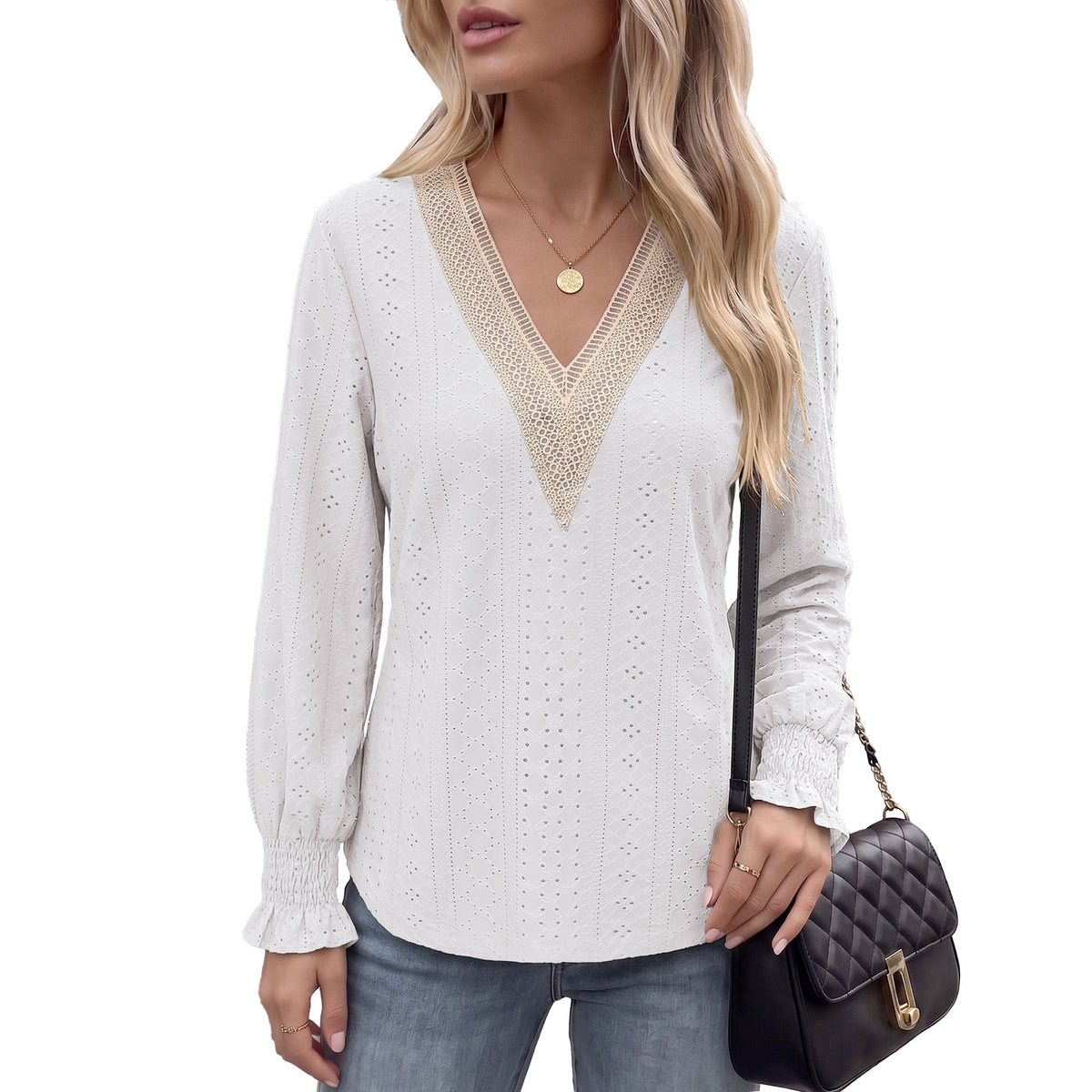 Women's V Neck Lace Trim Eyelet Long Sleeve Blouse