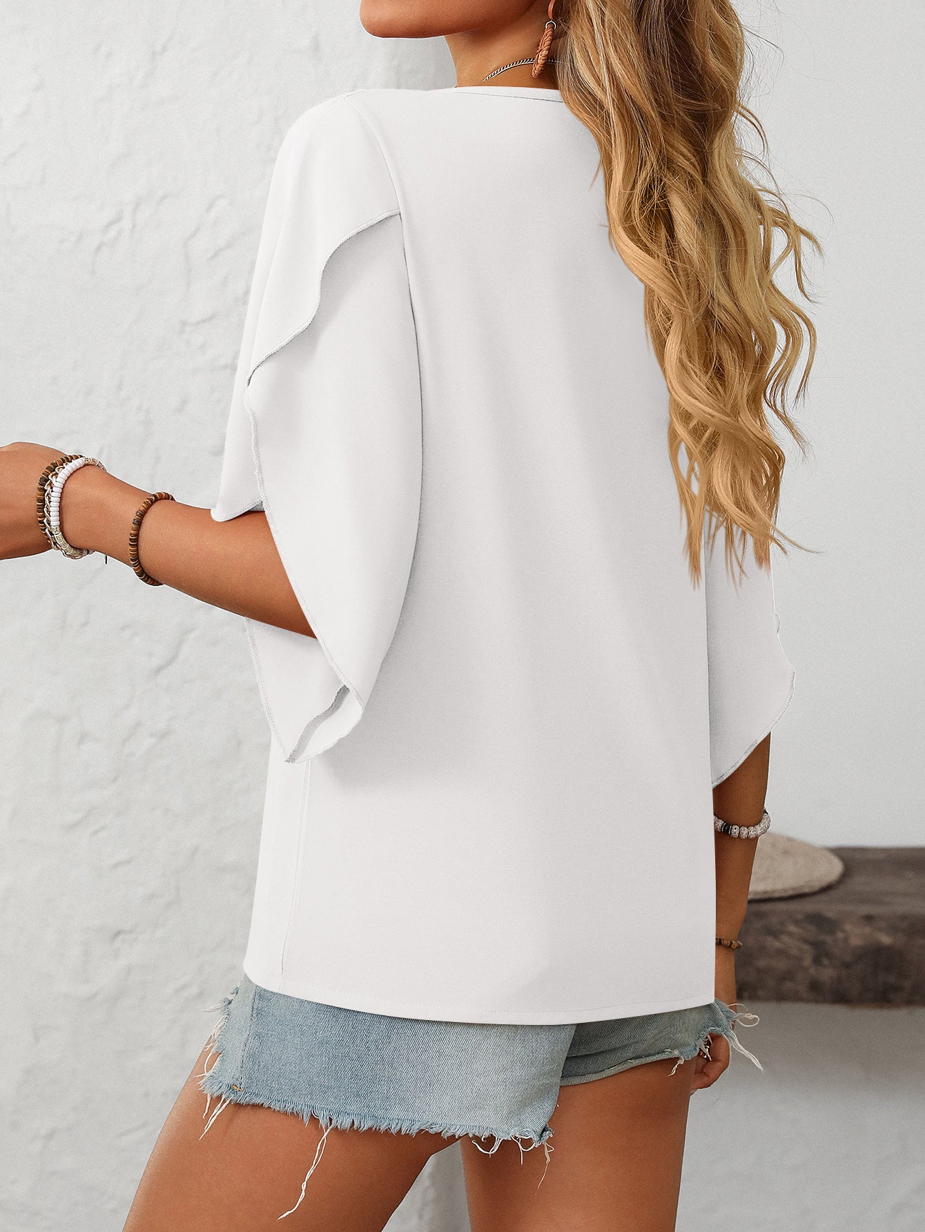 Women's Ruffled Split Sleeve V-Neck Casual Flowing Chiffon Top