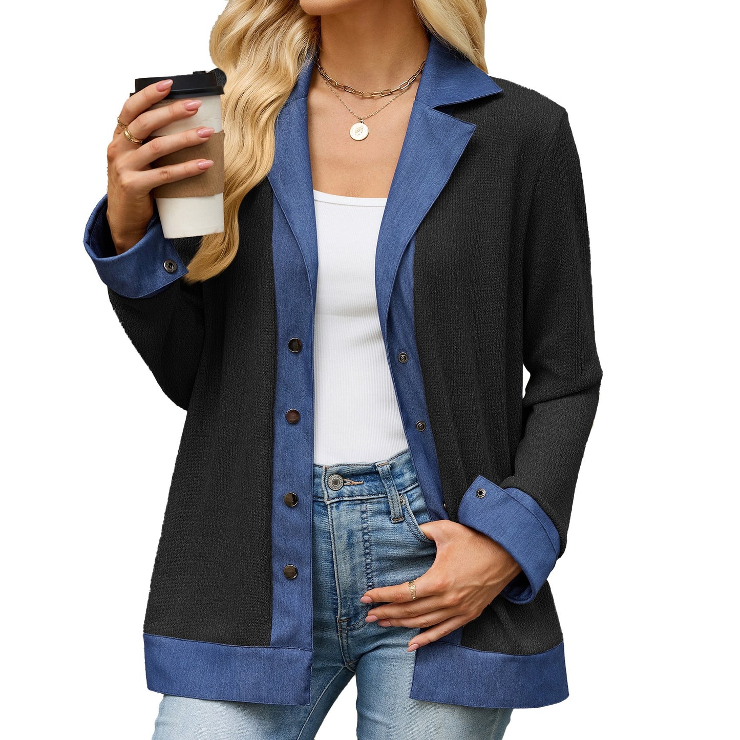 Women's Color Block Denim Trim Button Front Cardigan