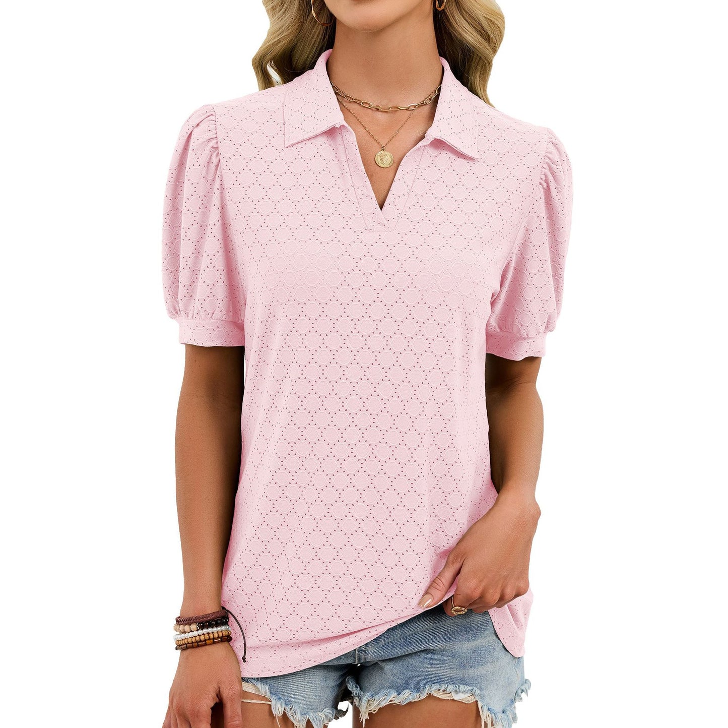 Eyelet Puff Sleeve V Neck Polo Blouse Casual Chic