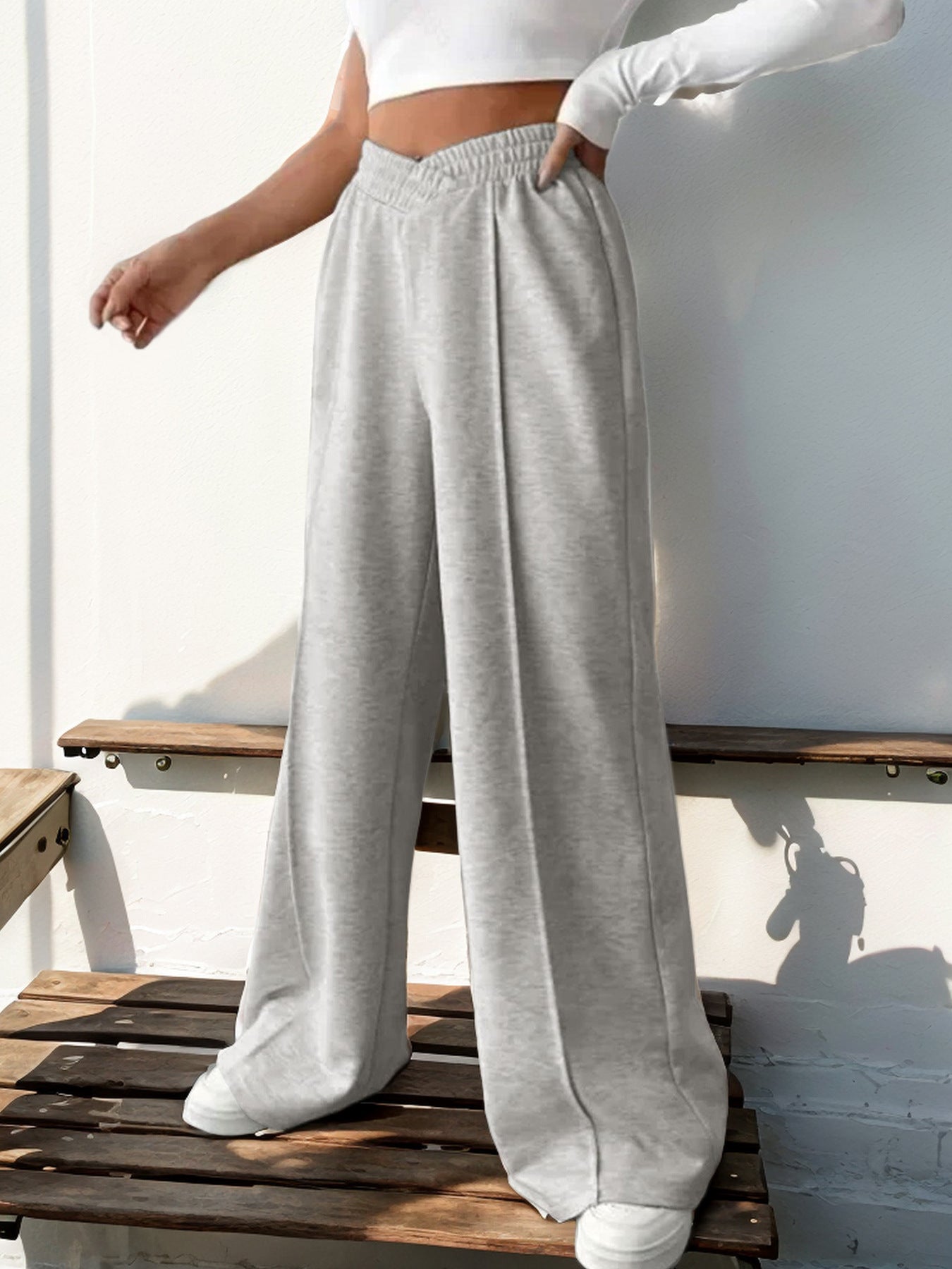 Solid Knit Wide Leg Pants High Waist Athleisure