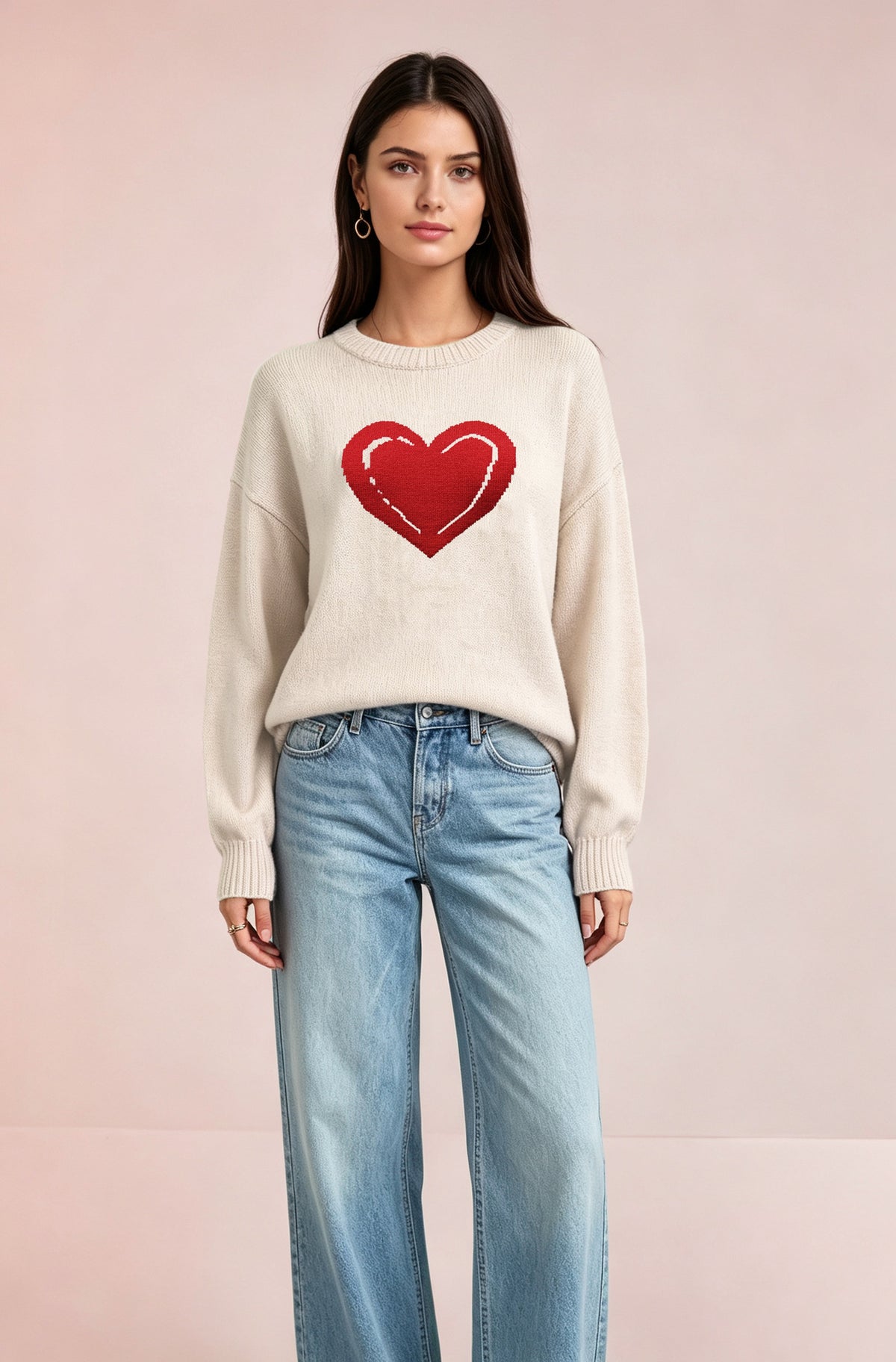 Women's Heart Graphic Crewneck Knit Pullover Sweater