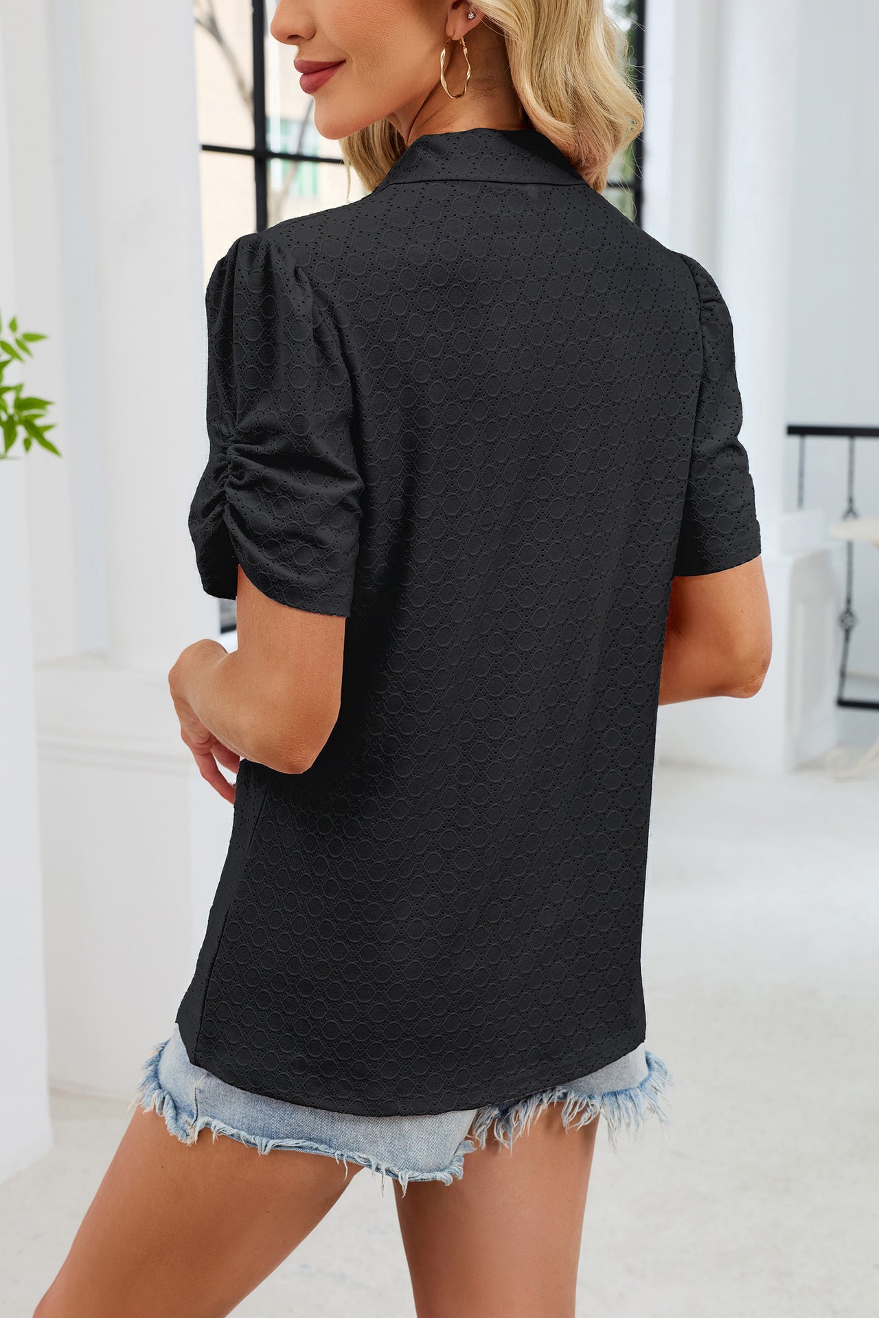 Womens V Neck Polo Knit Top Puff Sleeve Summer Casual Tee