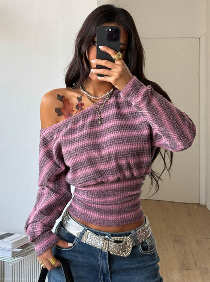 Striped Polyester Top Y2K Off Shoulder Trendy