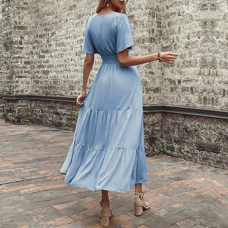 2026 Summer V Neck Smocked Waist Midi Dress