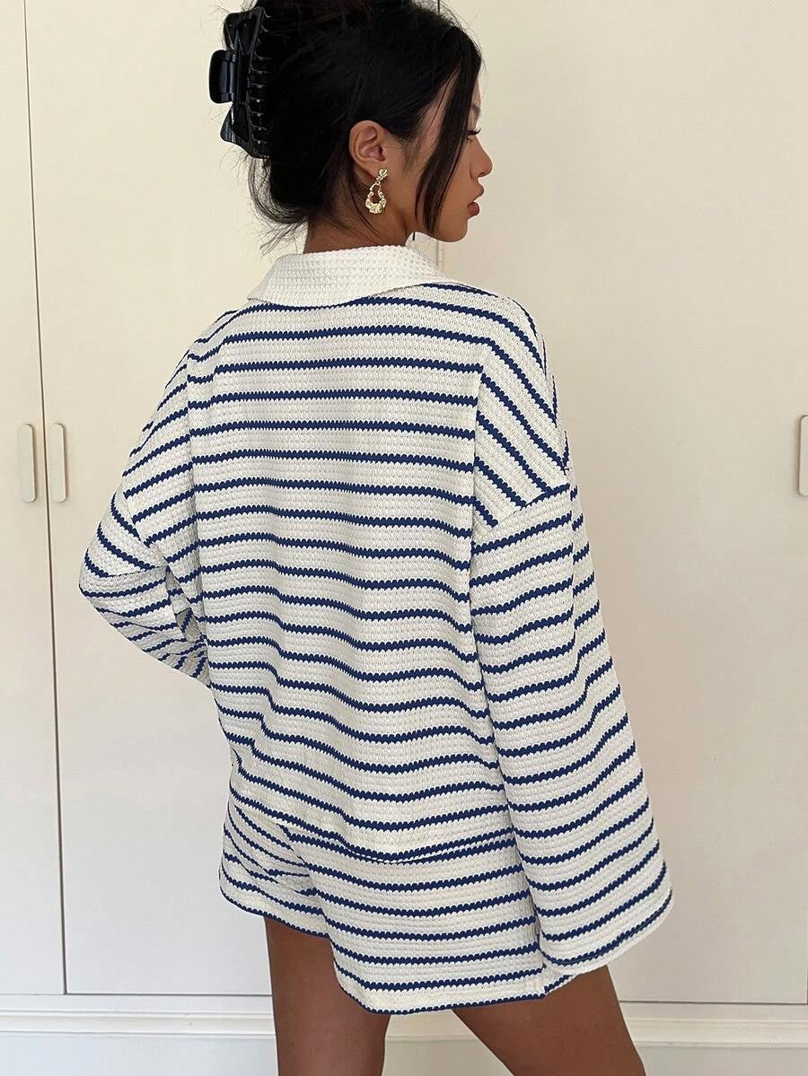 Striped Polo Lounge Set Resort Textured Collared Oversized