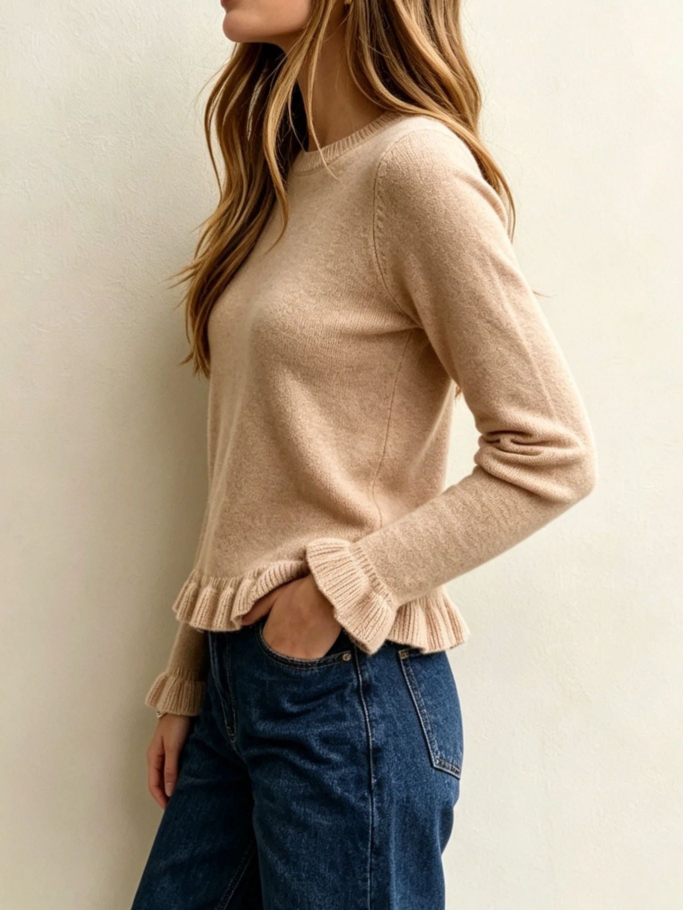 Ruffle Hem Crew Neck Long Sleeve Knit Sweater