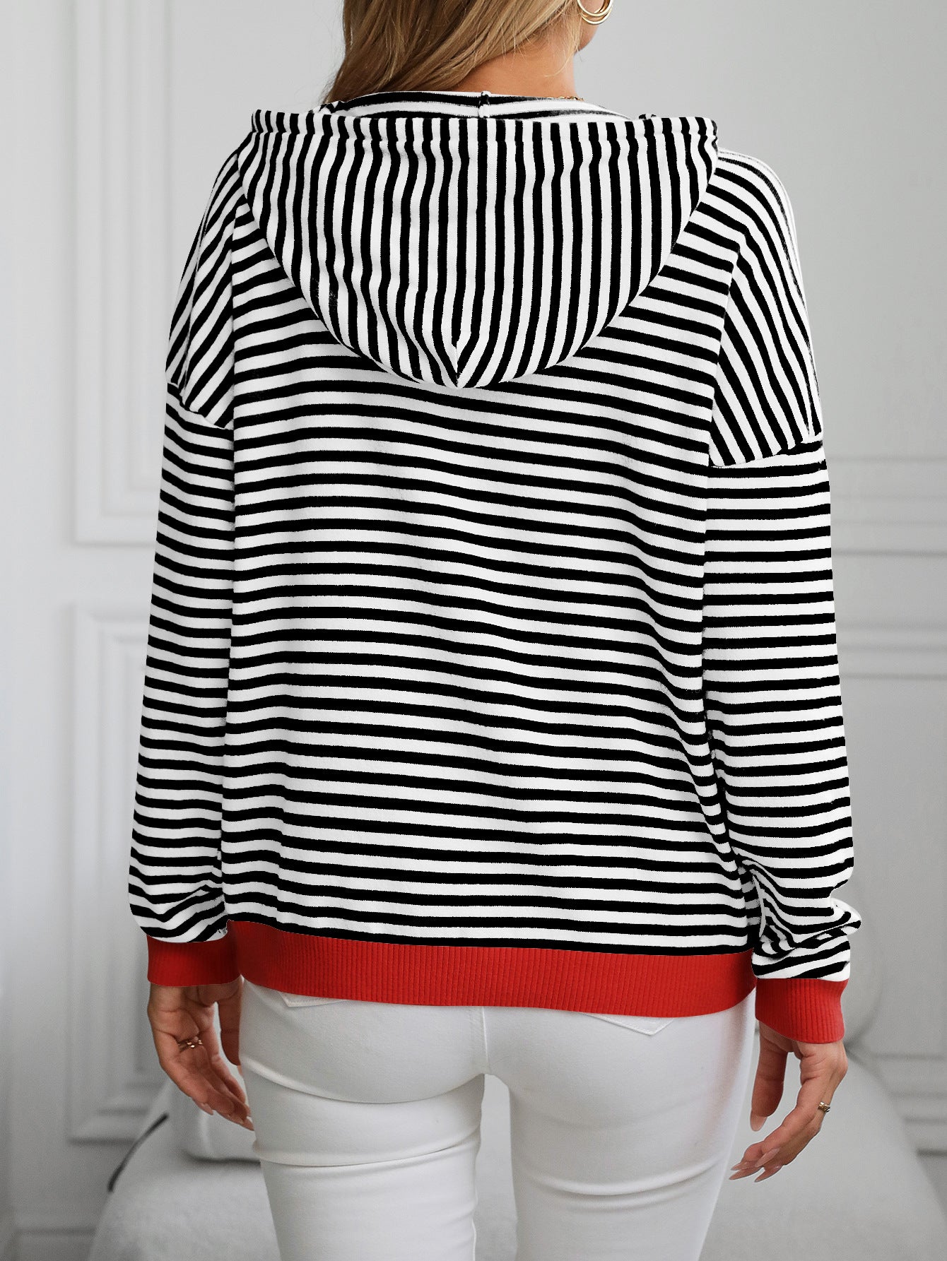 Women's Striped Contrast Long Sleeve Casual Sweater Hoodie