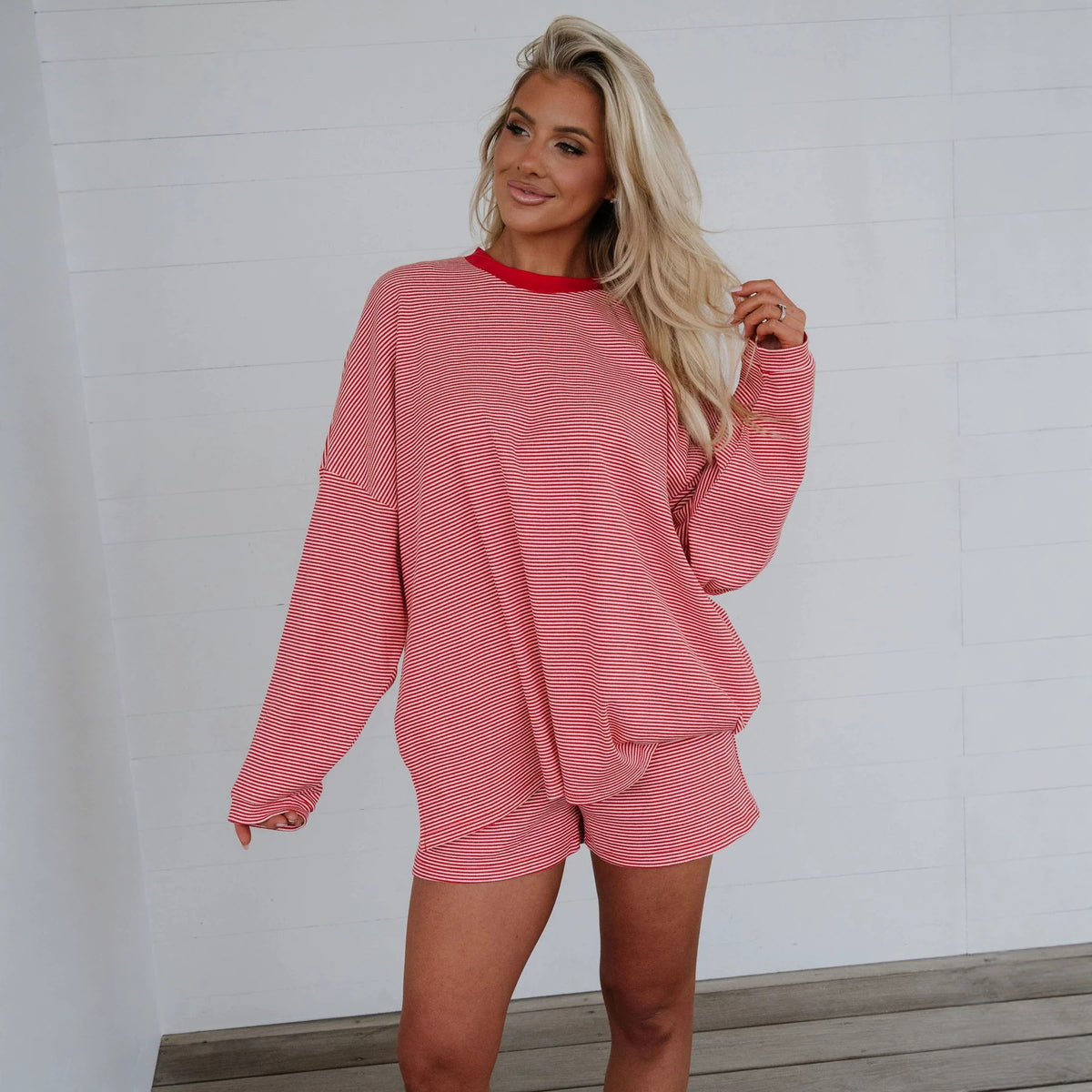 Women's Striped Oversized Long Sleeve Lounge Shorts Set