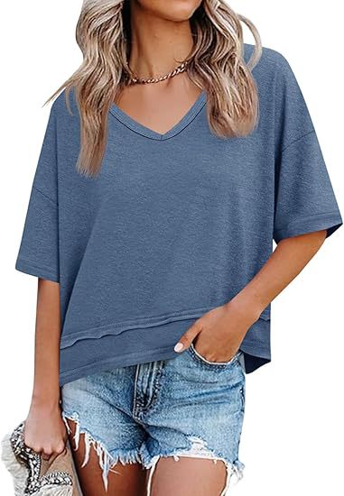 Oversized V Neck Tee Cotton Blend Loose Casual Top