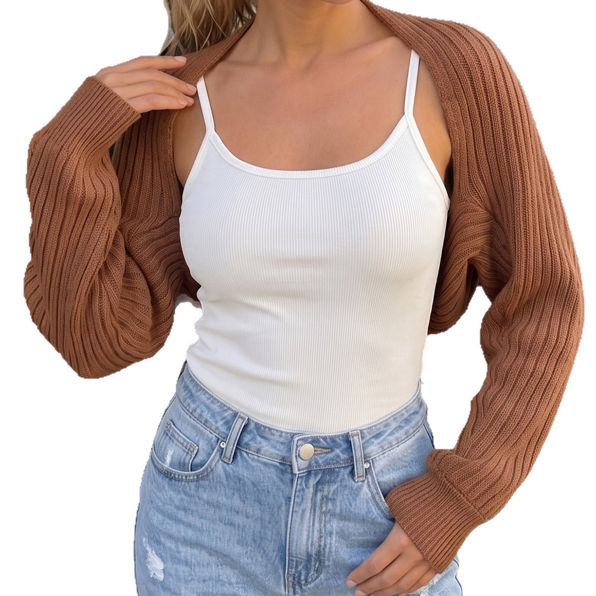 Women's Cropped Knit Shrug Open Front Long Sleeve Sweater
