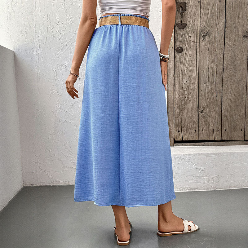 Button Front Blue Midi Skirt with Pockets