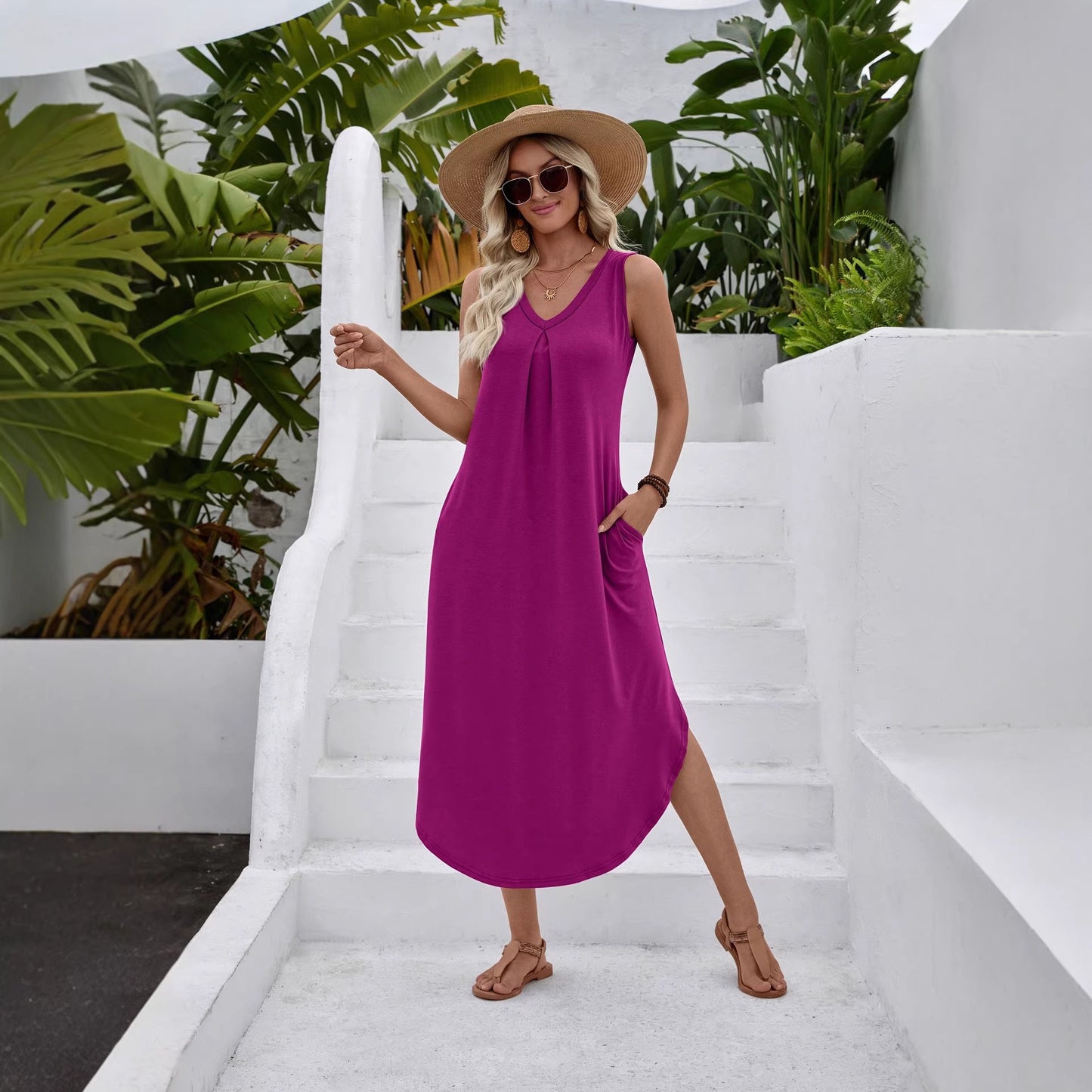 Solid Rayon Maxi Dress V Neck Sleeveless Boho Casual