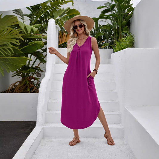 Solid Rayon Maxi Dress V Neck Sleeveless Boho Casual