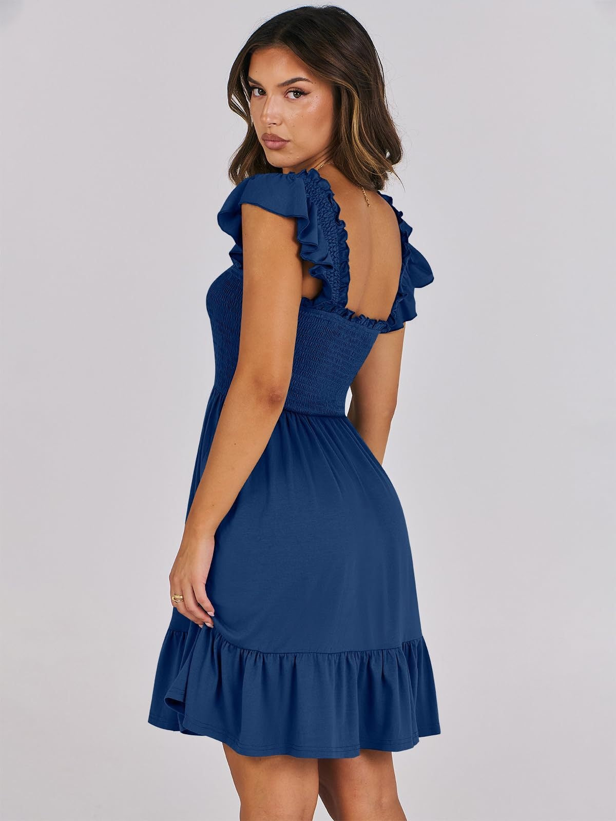 Women’s Smocked Square Neck Ruffle Sleeve Mini Dress Casual Summer Flowy A Line Dress