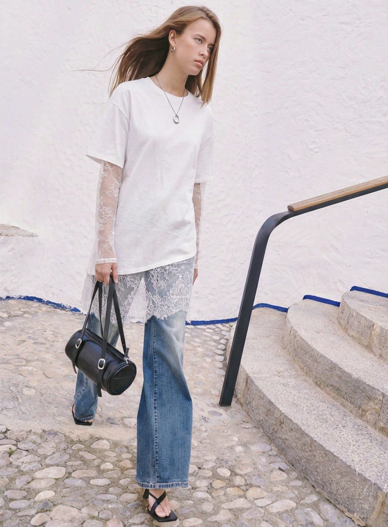 Women Lace Patchwork Sheer Sleeve Loose T Shirt
