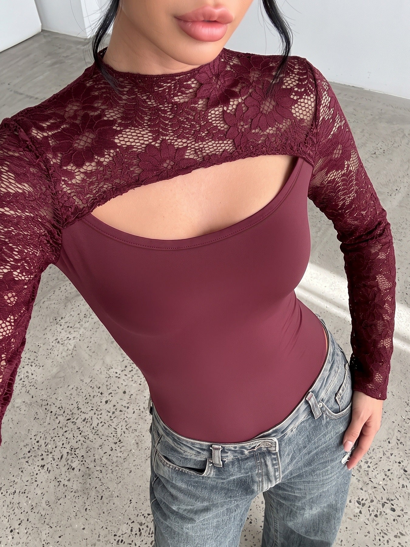 Solid Lace Top Romantic Cutout Bell Sleeve