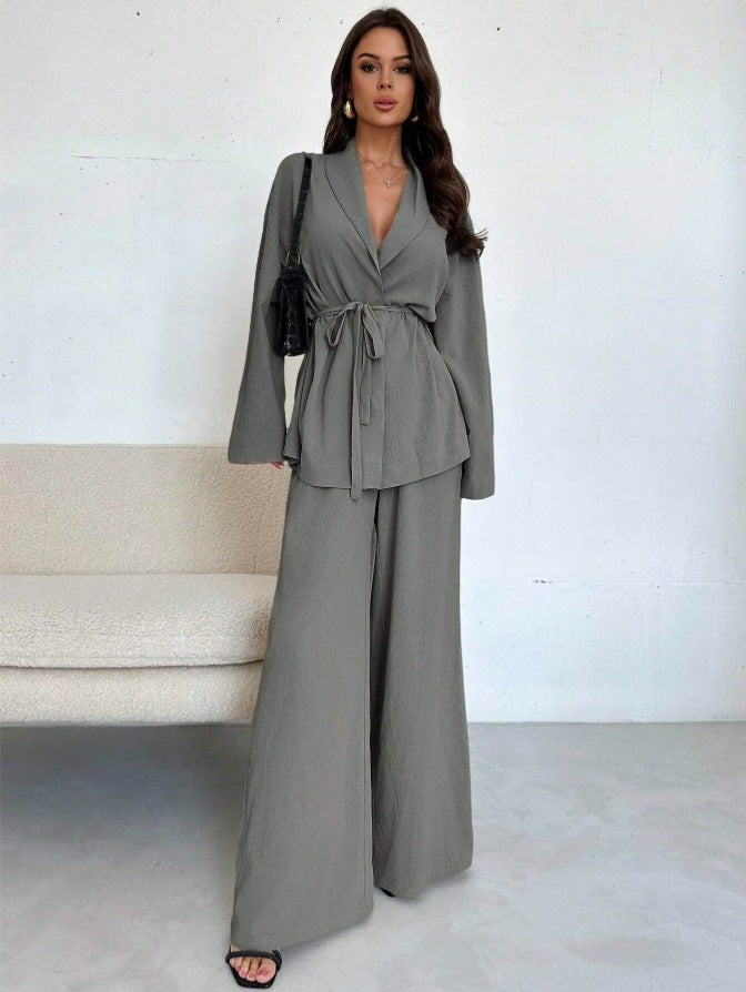 Two Piece Pants Set Wide Leg Belted Blazer Outfit