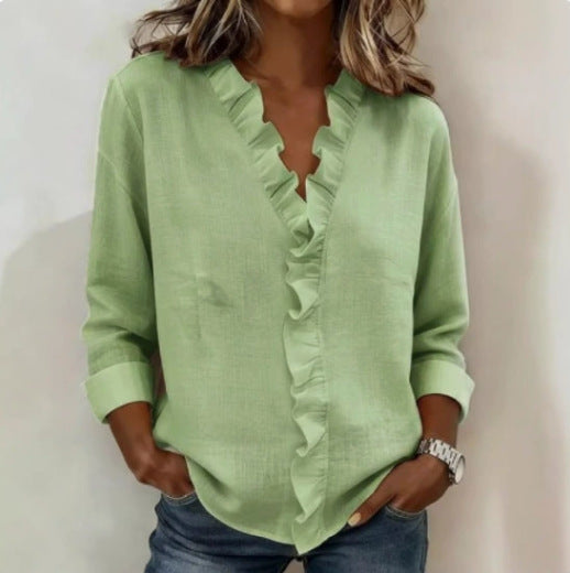 Ruffle Trim V Neck Long Sleeve Button Blouse