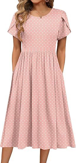 Boho Floral Midi Dress for Women Round Neck Short Sleeve