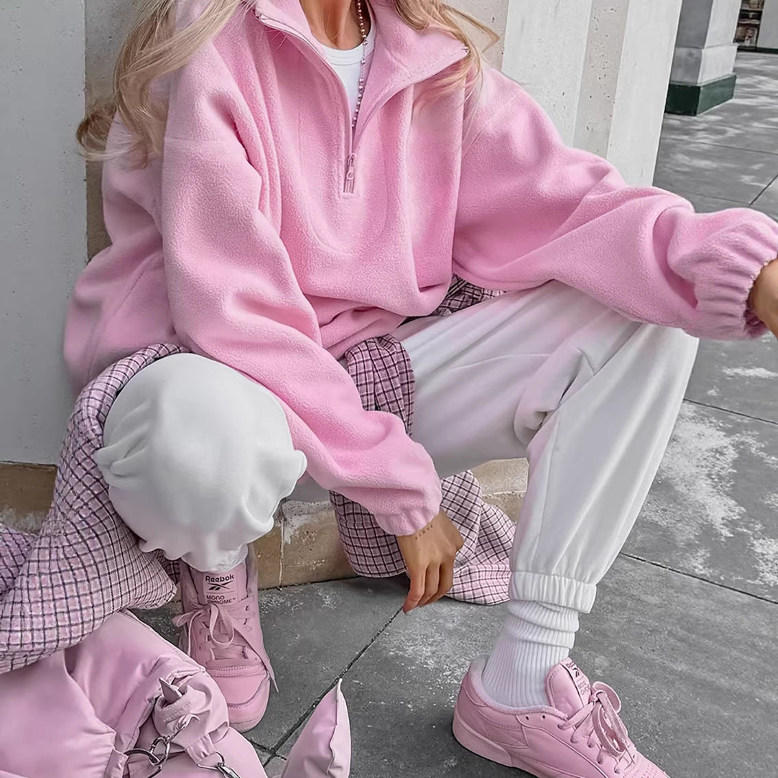 Solid Quarter Zip Pullover Sweatshirt Oversized Casual Chic
