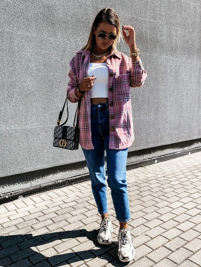 Plaid Shacket Button Front Oversized Longline Fit