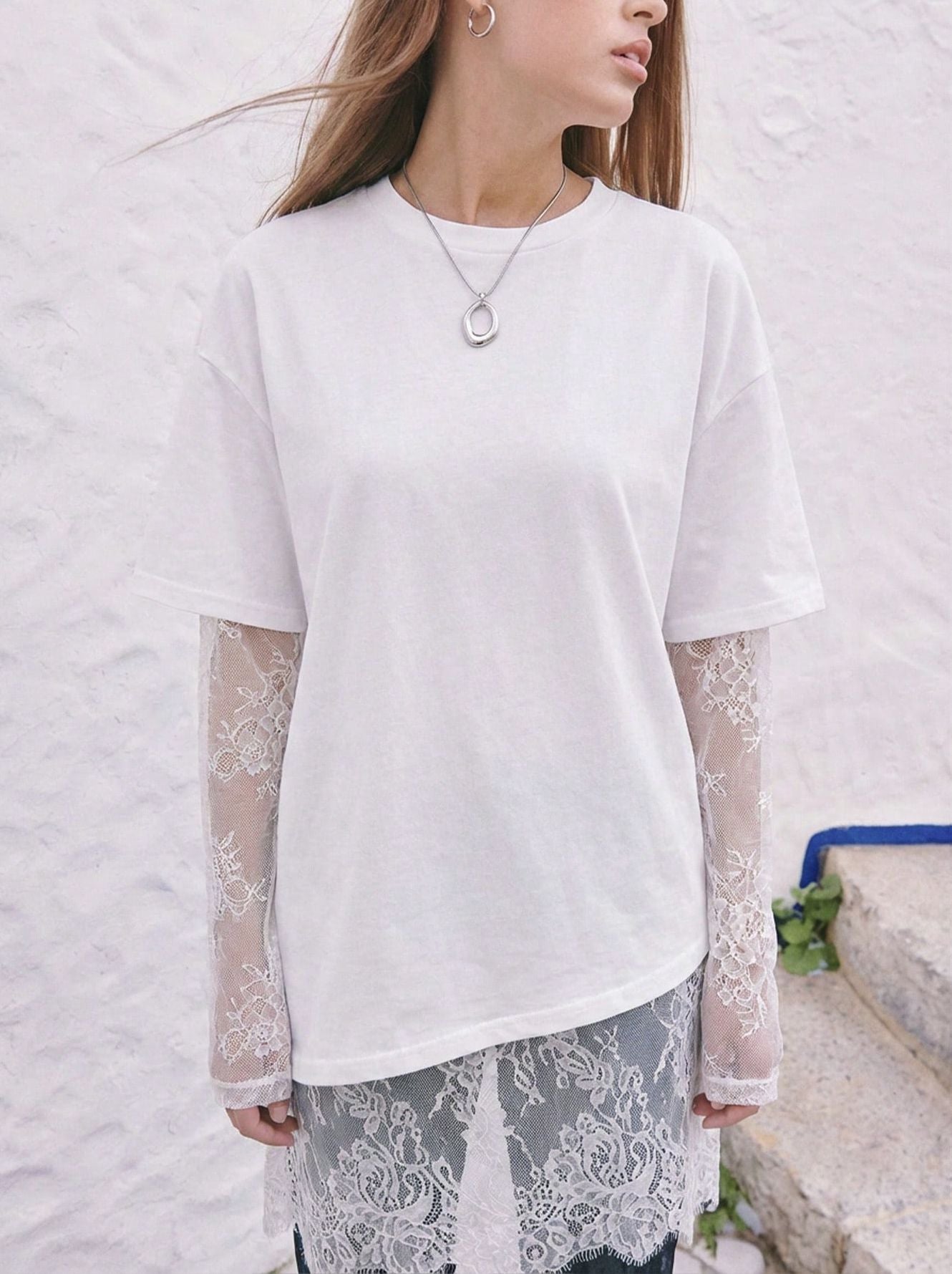 Women Lace Patchwork Sheer Sleeve Loose T Shirt