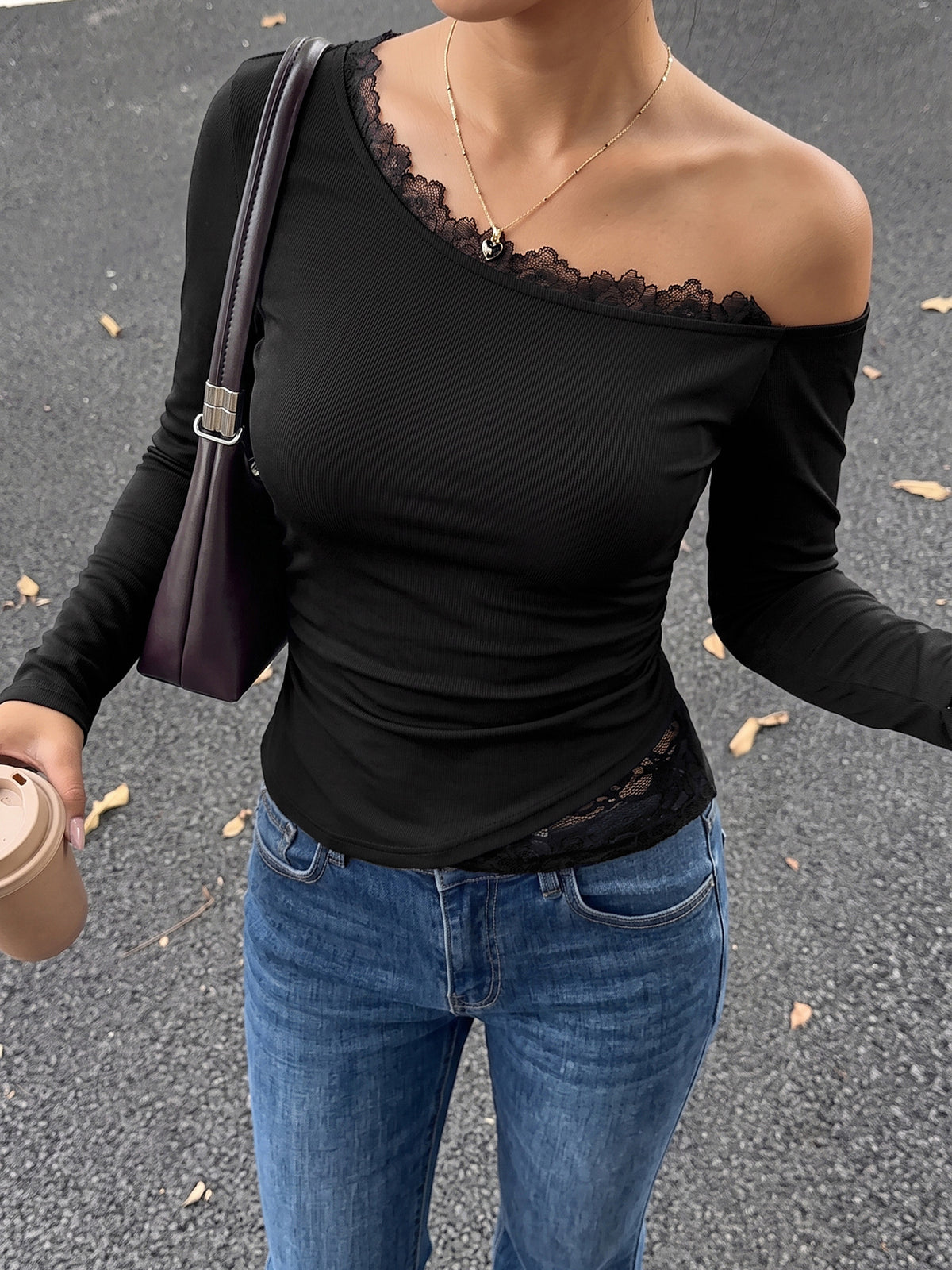 One Shoulder Lace Trim Long Sleeve Fitted Top