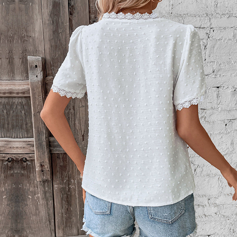 Women's Lace V-Neck Short Sleeve Blouse Summer Top