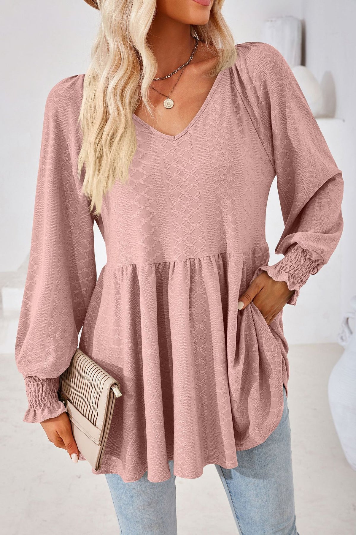 Women's V Neck Long Sleeve Textured Babydoll Tunic Top