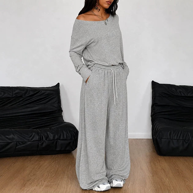 Women's Off Shoulder Wide Leg Two Piece Lounge Set