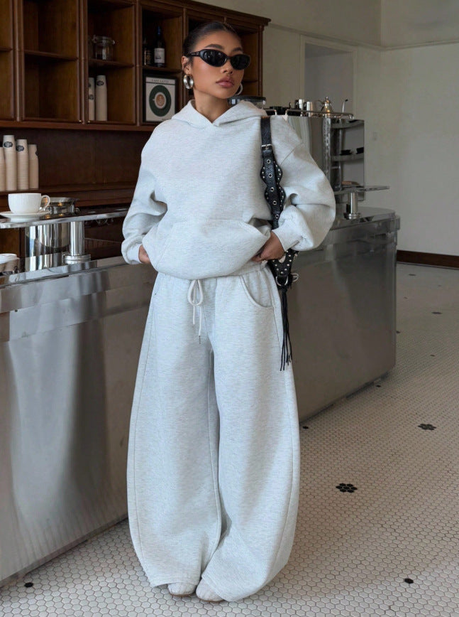 Grey Hooded Sweatshirt Wide Leg Pants Set