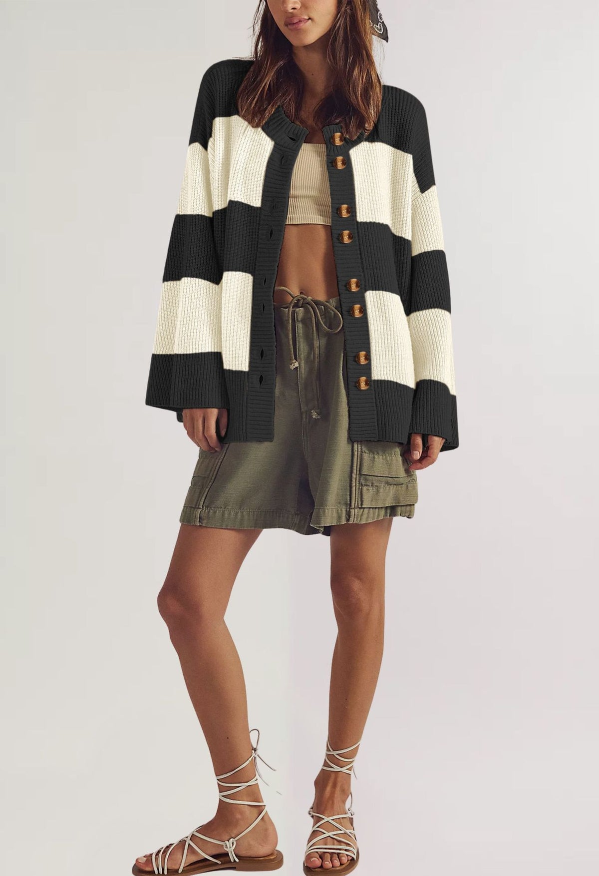 Women's Oversized Color Block Striped Cardigan Sweater