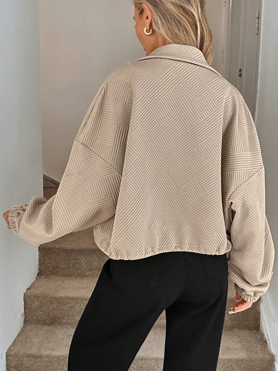 Textured Polyester Jacket Casual Bomber Oversized Zip Up