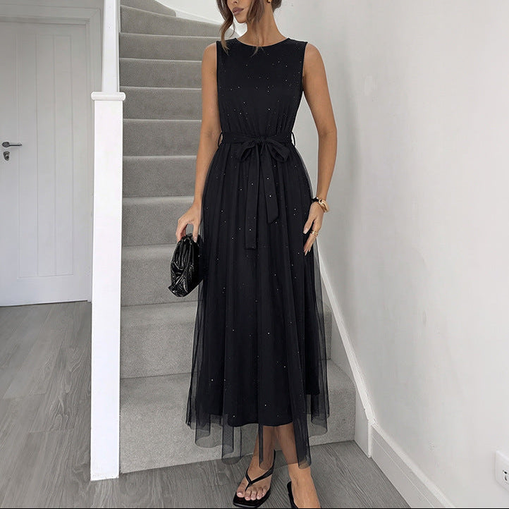 Black Mesh Maxi Dress Elegant Sleeveless Party Dress