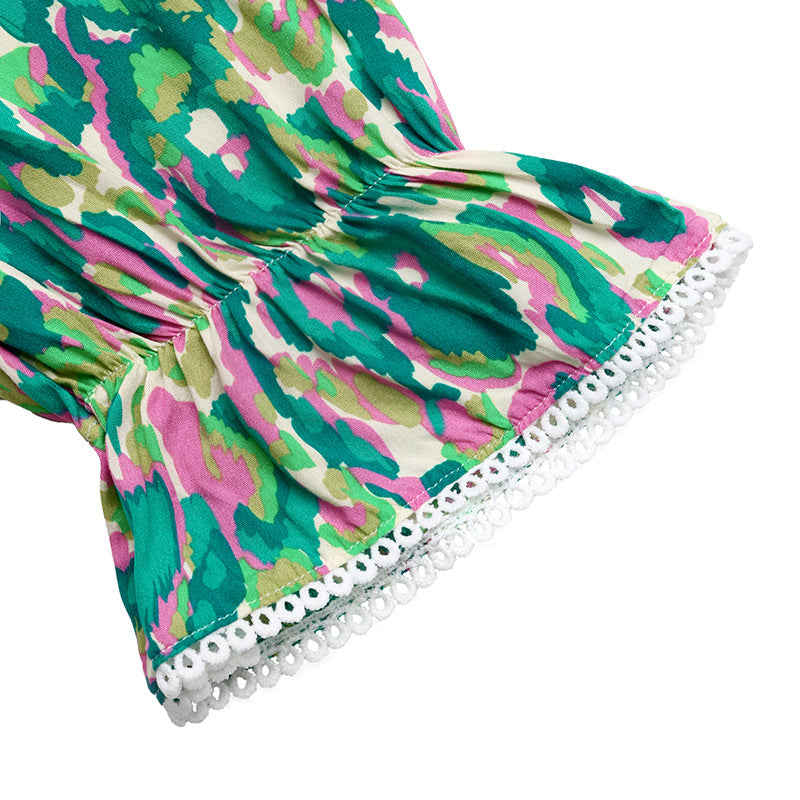 Abstract Cotton Maxi Dress Resort V Neck Tiered