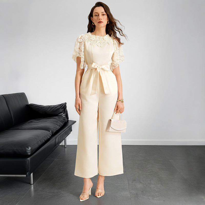 Elegant Lace Sleeve Satin Belted Wide Leg Jumpsuit