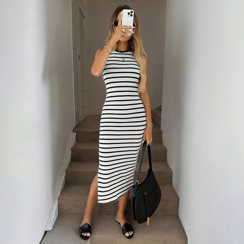Women Sleeveless Stripe Side Slit Bodycon Maxi Dress