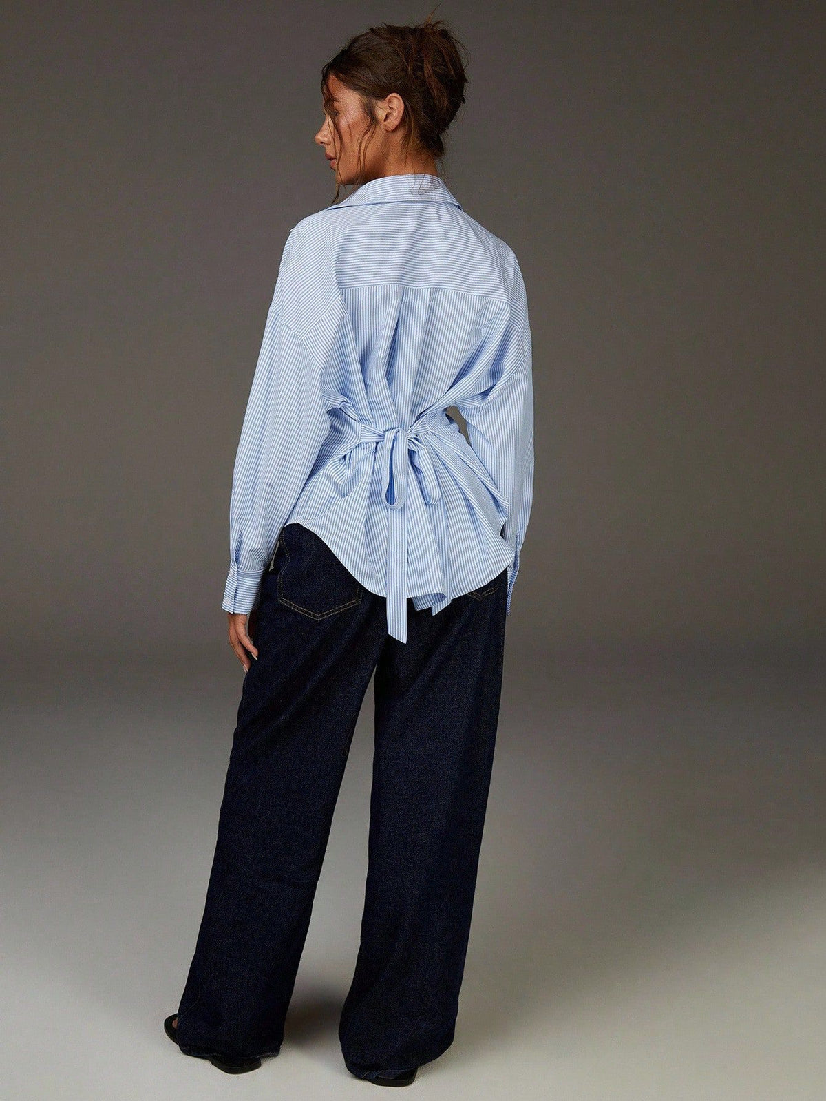 Women's Striped Tie Back Long Sleeve Button Up Shirt