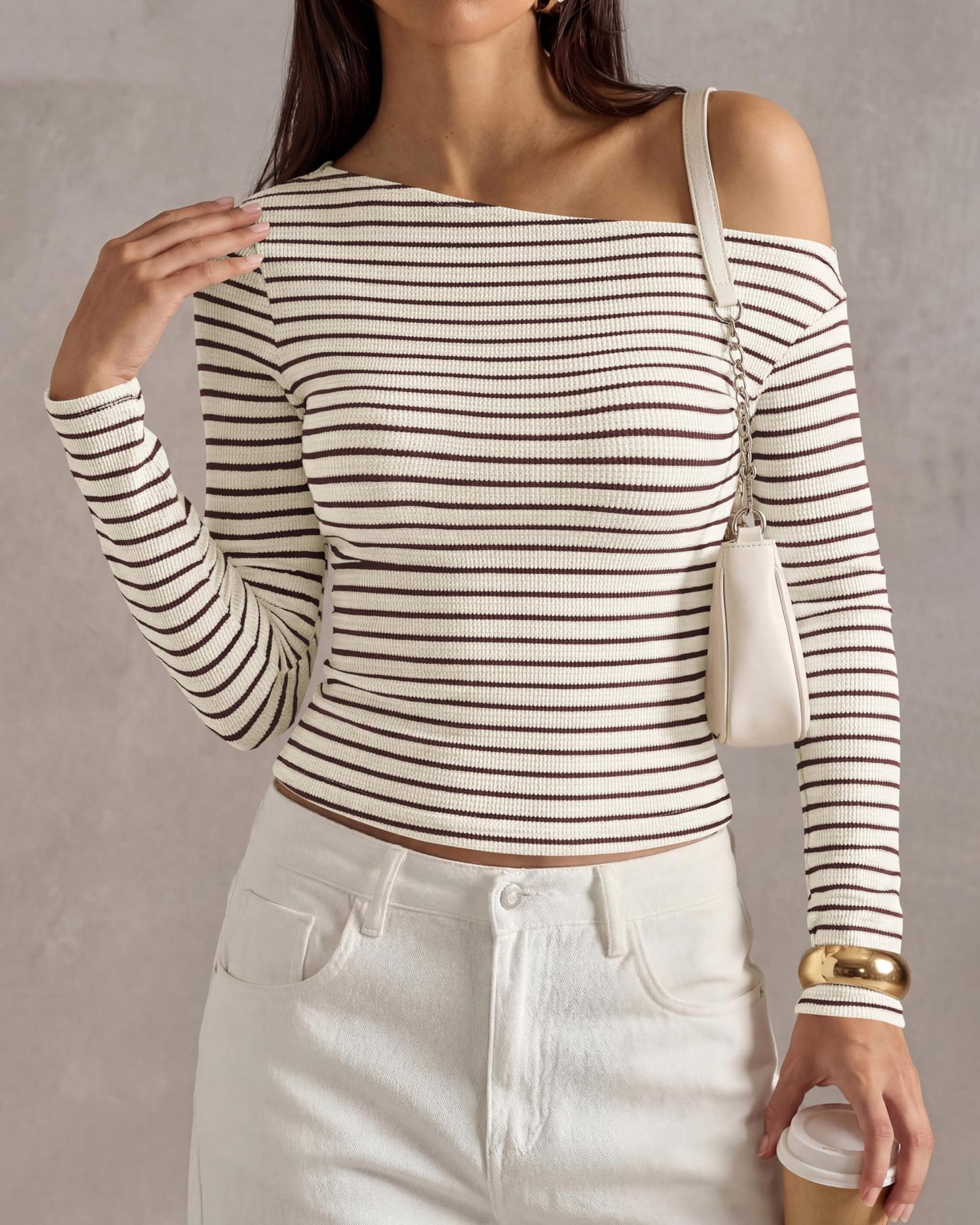 Ribbed Off Shoulder Striped Long Sleeve Knit Top