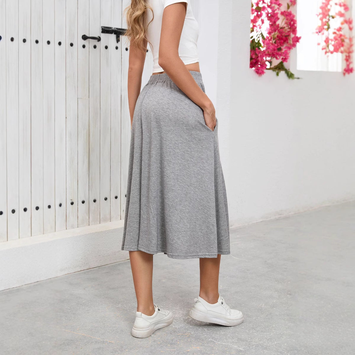 Solid Knit Skirt Casual A-Line Midi Elastic Waist