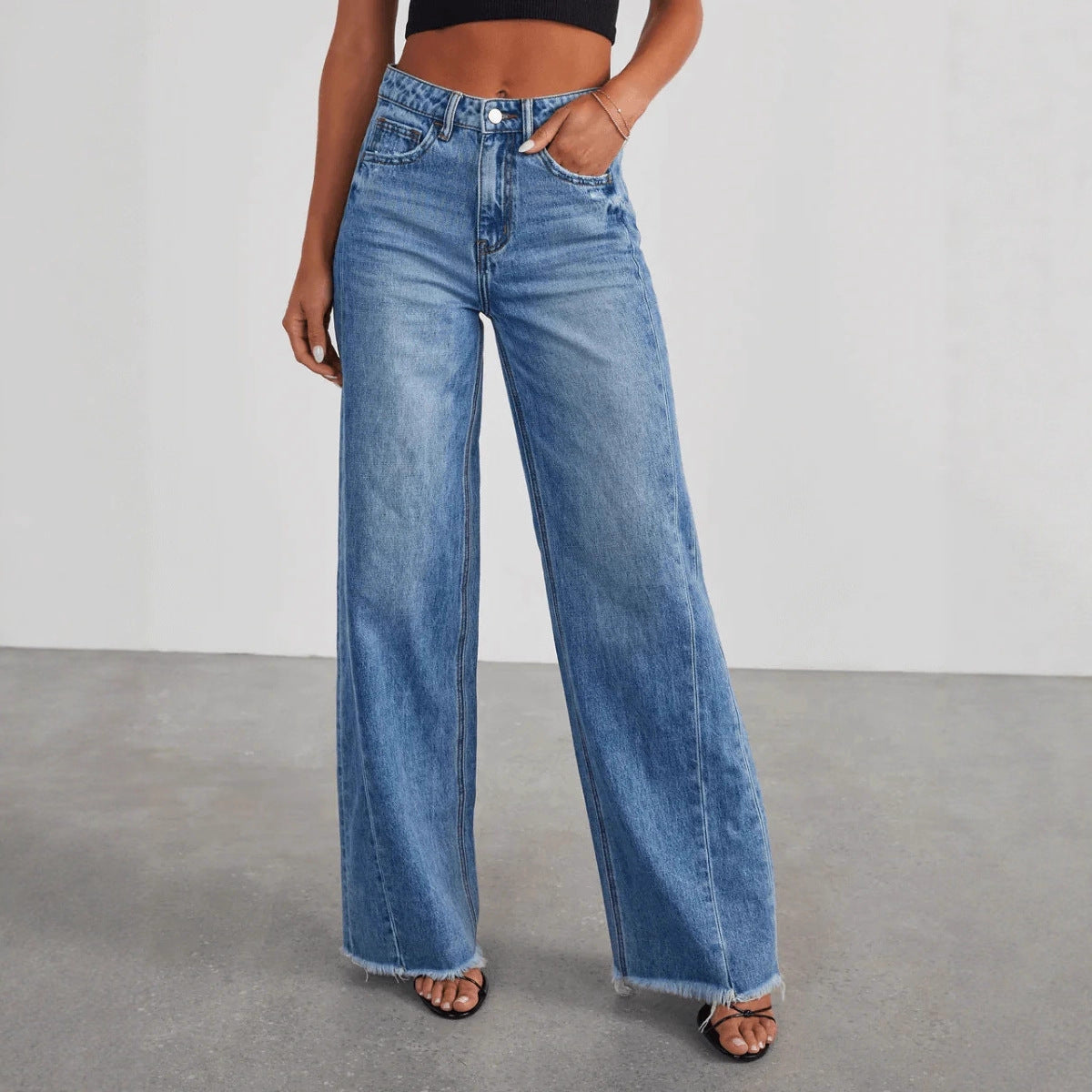 2026 High Waisted Wide Leg Washed Denim Jeans