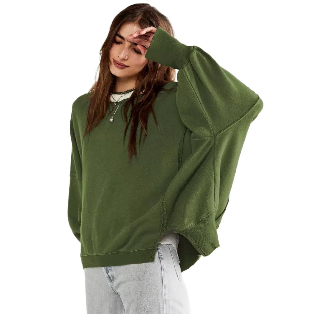 Womens Oversized Crewneck Sweatshirt Side Slit Long Sleeve
