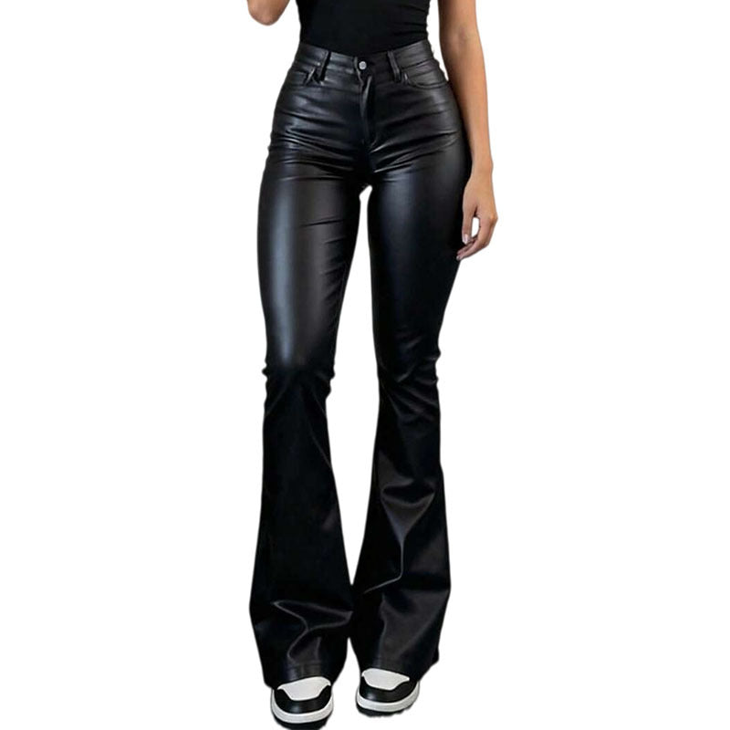 Women's Faux Leather Flare Pants High Waist Y2K Sexy