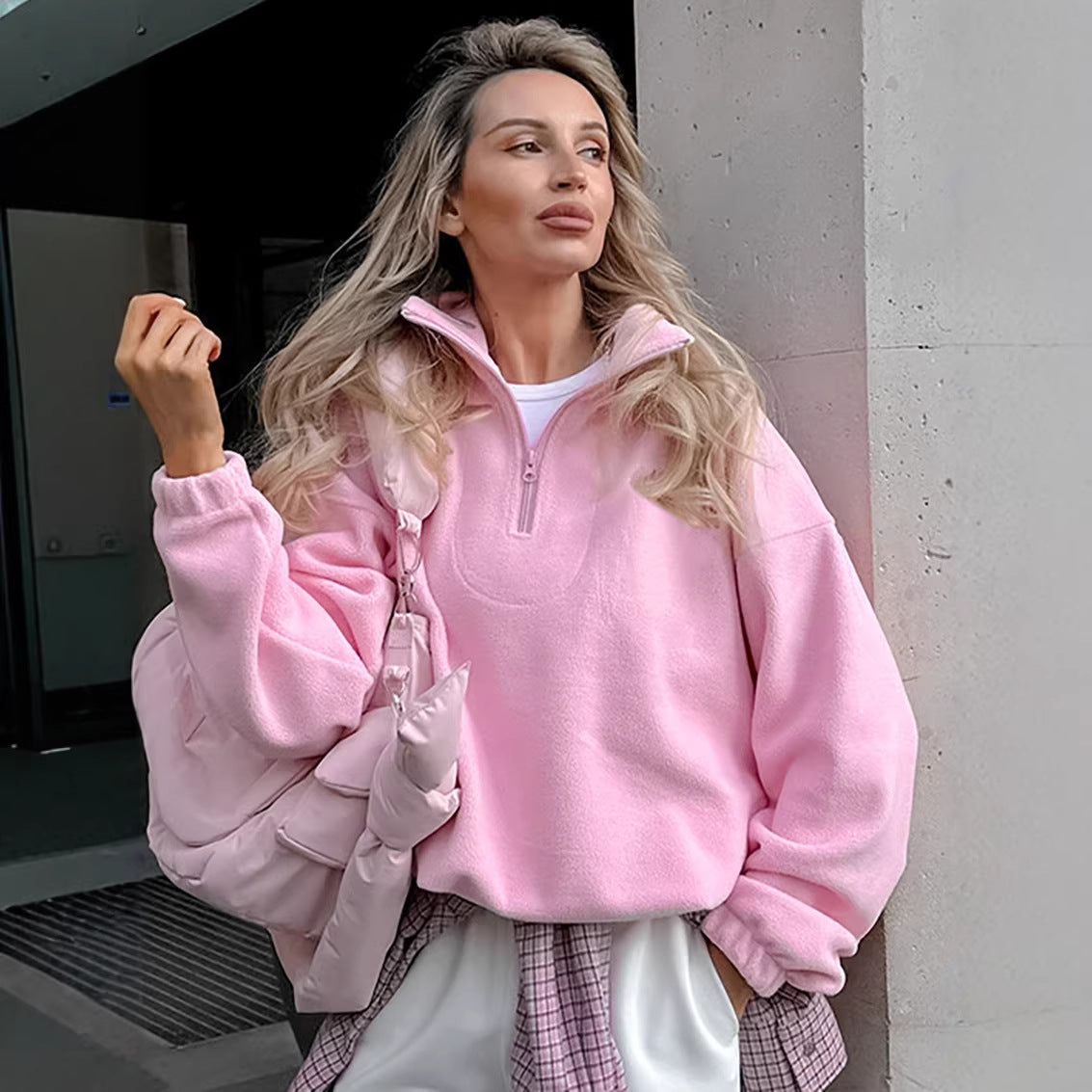 Solid Quarter Zip Pullover Sweatshirt Oversized Casual Chic